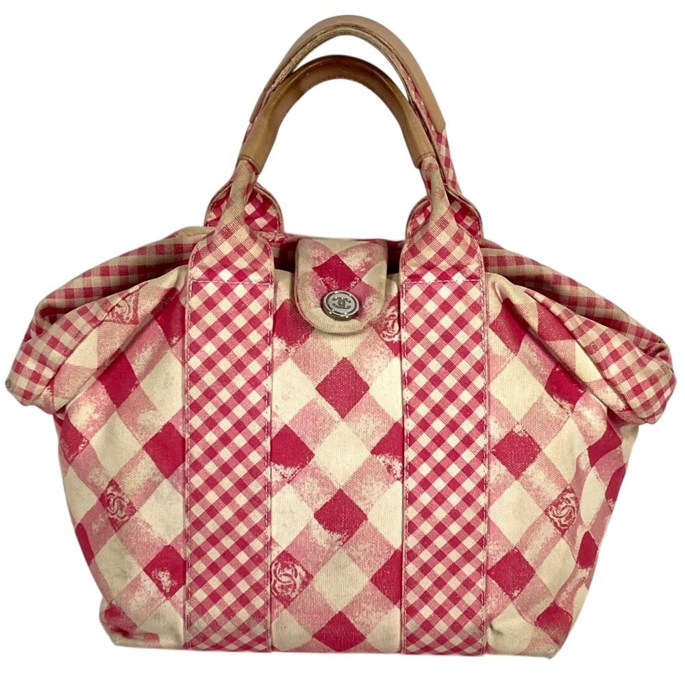 CHANEL Cruise Line CC Coco Mark Logo Gingham Check Bag Tote Handbag Canvas Wo...